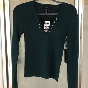 Long Sleeved Green Knit Lace Up Sweater